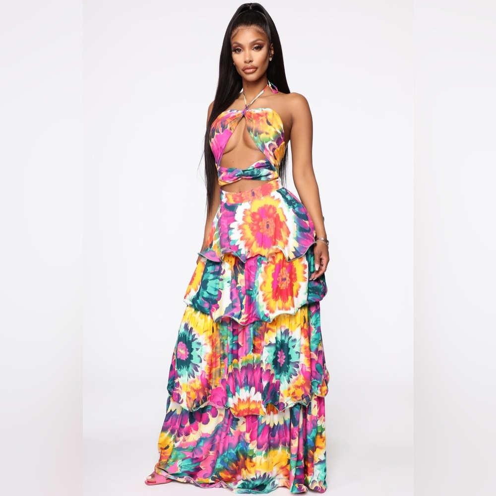 Tropical strapless tie-dye cut-out tiered maxi dress